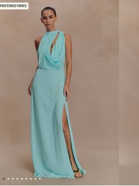 NWT Meshki Galia Blue Halter Draped Evening Gown
